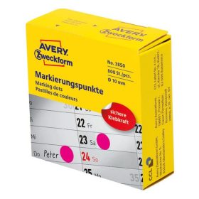   Etikett AVERY 3850 öntapadó jelölőpont adagoló dobozban pink 10mm 800 jelölőpont/doboz