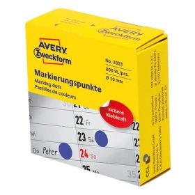   Etikett AVERY 3853 öntapadó jelölőpont adagoló dobozban kék 10mm 800 jelölőpont/doboz