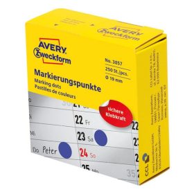   Etikett AVERY 3857 öntapadó jelölőpont adagoló dobozban kék 19mm 250 jelölőpont/doboz