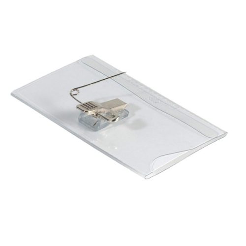 Névjegykitűző DURABLE 54x90 mm csiptetővel és tűvel átlátszó 50 darabos